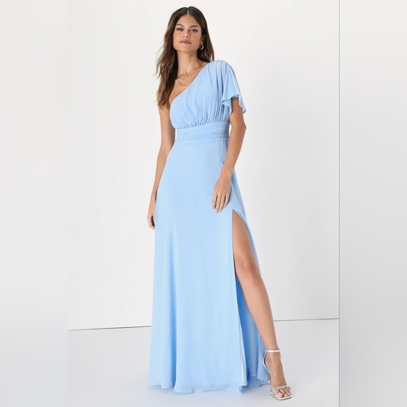 Lulus Cultivated Charm Powder Blue One-Shoulder Maxi Dress S Wedding Party Prom - Picture 2 of 12